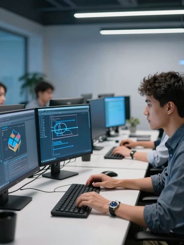 Crisp commercial photography of a modern, high-tech engineering office, focused software developers working on multi-screen setups, cool blue ambient light, 35mm lens.