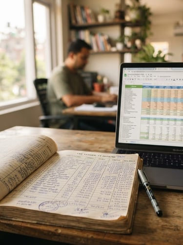 A close-up of physical tax ledgers and structured financial models on a screen in a modern Lalitpur office, warm natural window light, shallow depth of field