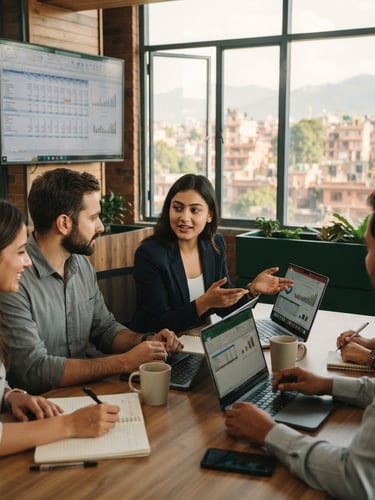 A collaborative corporate training session in a modern Lalitpur office, natural window light, structured financial models on a screen in the background, warm editorial photography