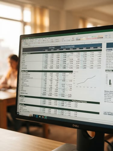 Close-up of structured financial forecasting models on a screen in a modern Lalitpur office, warm natural window light, shallow depth of field