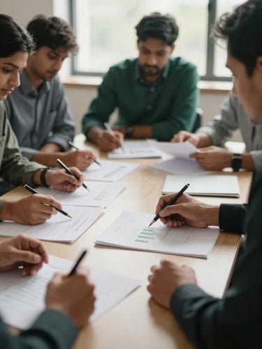A collaborative corporate training session in Lalitpur, professionals reviewing financial models on paper, soft natural light, shallow depth of field