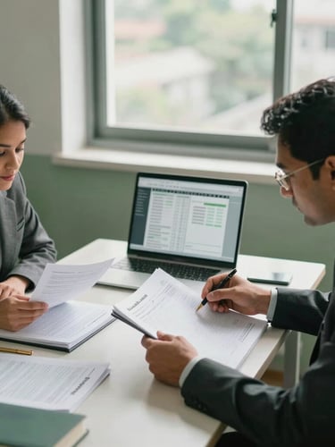 A high-angle environmental portrait of financial advisors reviewing physical ledgers and digital tax models in a modern Lalitpur office, soft natural window light, deep green accents
