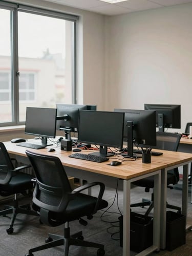 Wide environmental shot of a small open-plan office, three desks with monitors, natural light through a side window, organized cabling and tidy workspace, no people, calm and functional atmosphere