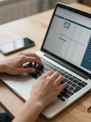 Tight shot of hands configuring a business laptop on a desk, a second phone lying beside it, natural daylight, focus on fingers and device screen showing a management dashboard, calm and purposeful