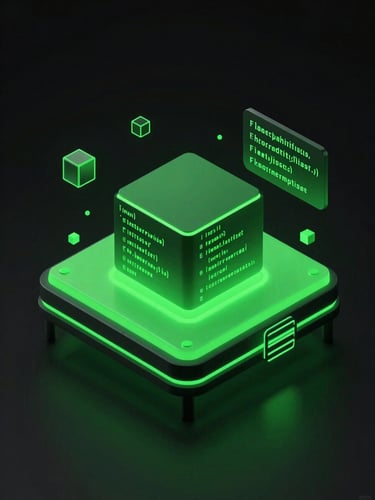 sleek dark-mode 3D render of floating neon nodes and code blocks, vibrant toxic green accent lighting, high-contrast tech aesthetic, isometric view