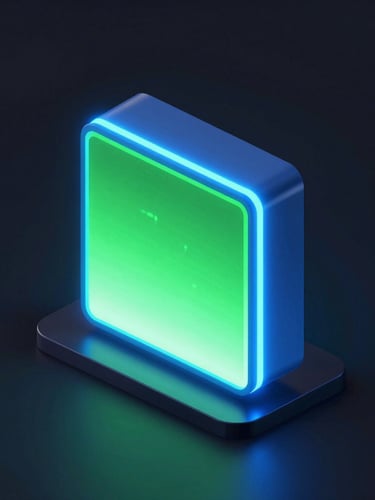 Sleek dark-mode 3D render of an isometric glowing digital portal, neon electric blue and toxic green light beams, high-contrast tech aesthetic.