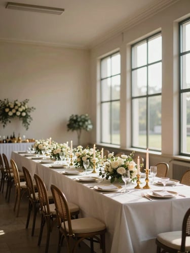 Wide editorial view of an elegantly prepared Ezidi celebration hall — long draped tables set with gold candle holders and floral arrangements, warm natural light streaming through tall windows on the right, generous negative space in the upper left, intentional and unhurried atmosphere