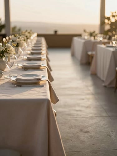 Wide environmental shot of a decorated event hall in soft golden afternoon light, long linen-draped tables receding into the background, close detail of folded fabric and ceramic tableware in the foreground left, generous negative space on the right side of the frame