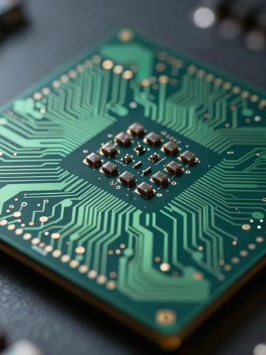 Extreme close-up of a high-performance silicon processor with precise emerald green circuit pathways under dramatic, low-key technical lighting.