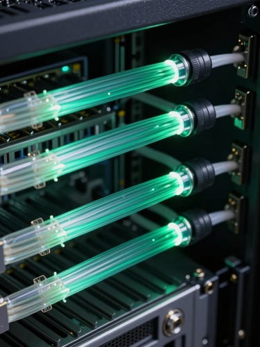 Extreme close-up of technical precision, glowing emerald fiber optic cables routed through dark server racks, sharp high-contrast technical detailing