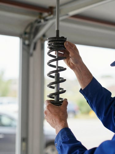 Close-up of a GCM technician's hands in clean uniform, safely working on a garage door torsion spring replacement, natural garage interior lighting, sharp focus, 50mm lens.