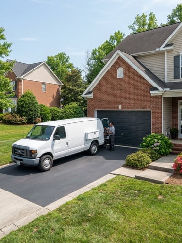 Wide shot of GCM Garage Door Repairs service truck parked in a clean residential driveway in Albemarle, NC, bright natural daylight, crisp industrial tones, sharp focus.