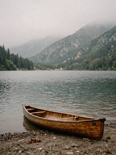 Overcast mountain lake with a single wooden canoe at the shore, misty background, moody film photography, desaturated tones, 35mm grain.
