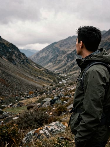 Moody film photography of a hiker in a dark green jacket looking out over an overcast mountain valley, desaturated earthy tones, high-contrast shadows