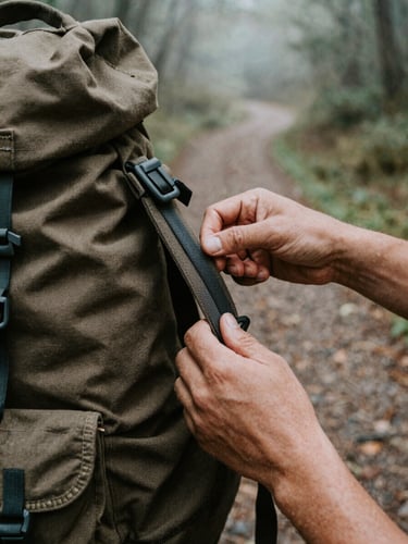 Tactile close-up of hands adjusting a heavy canvas backpack strap on a misty forest trail, overcast natural light, earthy tones, 35mm grain.