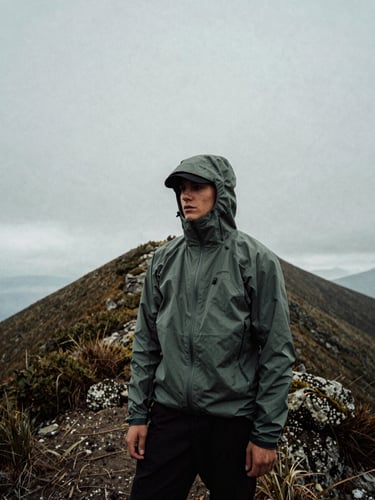 Moody film photography of a hiker on an overcast ridge wearing technical shell jacket, high-contrast shadows, desaturated green tones, 35mm grain.