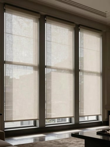 Wide interior shot of a luxury Mexico City living room, floor-to-ceiling Hunter Douglas roller blinds precisely fitted to tall windows, soft north-facing daylight filtering through translucent fabric, architectural moldings visible at the edges, warm grey tones