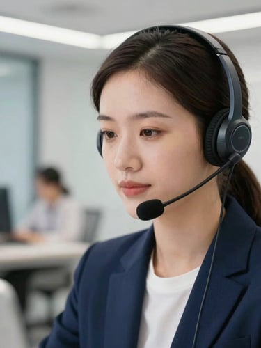 Medium close-up of a professional virtual call center agent with a headset, bright modern corporate office lighting, deep indigo accents, sharp focus, 35mm