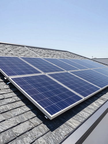 Bright sunny daylight, wide-angle clean architectural shot of modern residential solar panels on a sleek slate roof, high-contrast, 35mm