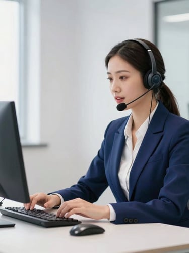 Focused professional virtual agent wearing a headset speaking clearly, bright high-key corporate office lighting, clean modern desk setup, 35mm