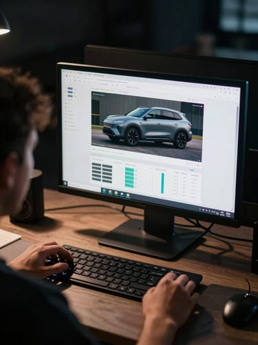 Over-the-shoulder view of a creator reviewing campaign analytics on a large monitor in a dark editing bay, a vehicle detail image visible on screen, studio lighting casting sharp shadows across keyboard and desk surface