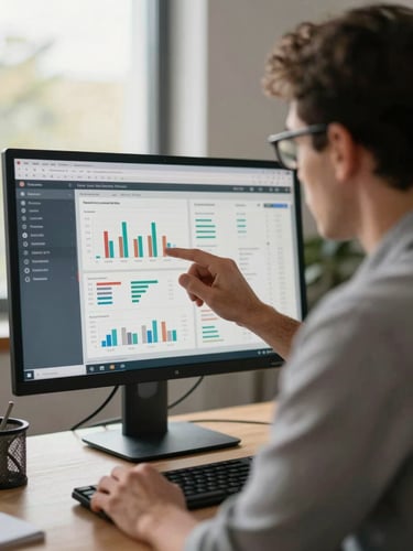 Tight over-the-shoulder shot of an automotive marketing director reviewing creator audience analytics on a large monitor, data charts reflecting off dark-rimmed glasses, warm studio window light from the left, desk surface blurred in foreground, corporate-casual environment with no branding visible