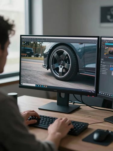 Tight over-the-shoulder shot, a creator reviewing raw automotive footage on a dual-monitor editing bay, one screen showing a freeze-frame of a wheel detail mid-corner, cool studio window light falling from the left, hands resting on a keyboard in soft focus foreground