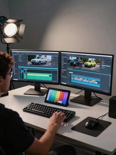Wide shot from over the shoulder of a creator at an editing bay, two monitors displaying timeline footage of a vehicle detail, a mechanical keyboard and a colour-calibrated panel visible, cool studio light from the left casting long shadows across the desk surface