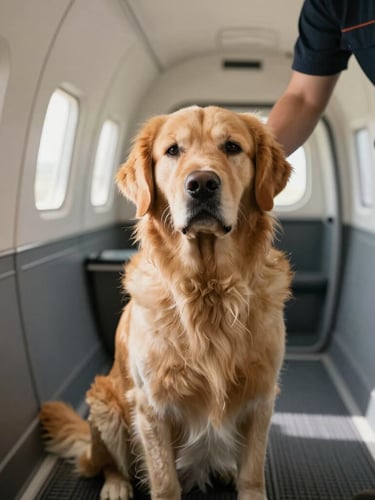 Eye-level shot of a calm golden retriever sitting comfortably inside a spacious, clean, well-ventilated transport cabin, warm natural window light illuminating its relaxed face, professional handler's hand gently resting on its shoulder.