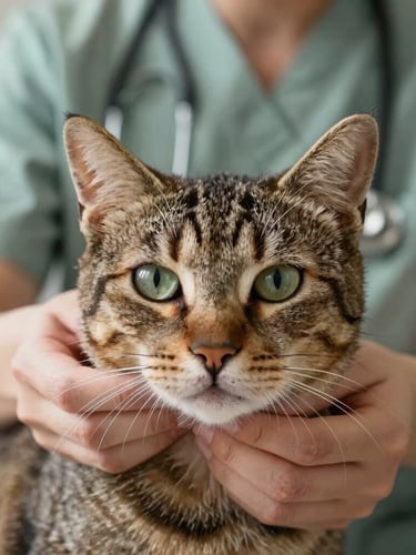 Close-up eye-level shot of a calm tabby cat being gently examined by a professional vet wearing a soft sage uniform, warm natural lighting.
