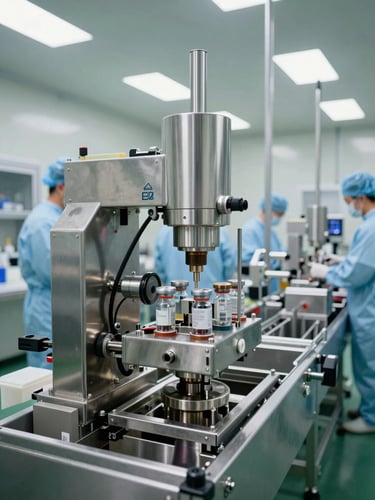 Wide shot of a pharmaceutical cleanroom filling line, stainless steel vial filling equipment in the foreground, sterile-gowned operators visible in the background under bright facility overhead lighting, documentary framing