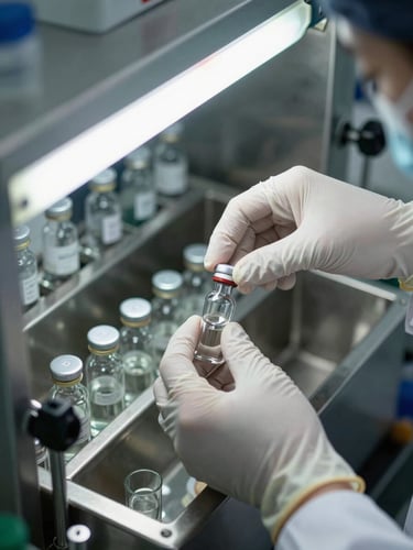 Close-up overhead shot of gloved hands filling glass vials on a pharmaceutical fill-finish line, stainless steel equipment visible at edges, cool facility fluorescent light, documentary framing, no faces