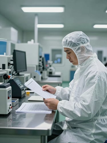 Wide interior shot of a pharmaceutical cleanroom, a technician in full gown reviewing printed batch documentation at a stainless steel workstation, facility overhead lighting, manufacturing equipment visible in background, documentary framing