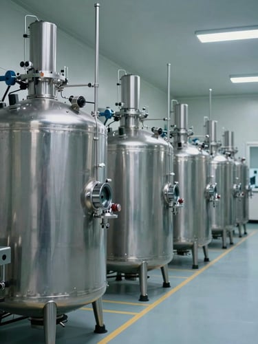 Wide shot from inside a pharmaceutical cleanroom, rows of stainless steel bioreactor vessels receding into background under cool facility lighting, no personnel, equipment fills full frame left to right, documentary industrial framing