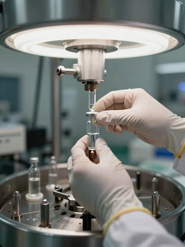 Close-up overhead shot of gloved hands positioning a glass vial in a stainless steel fill-finish carousel under steady facility fluorescent light, pharmaceutical manufacturing cleanroom, precise industrial framing, documentary style