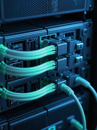 Macro shot of clean, glowing server cabling in a dark server rack, cool blue and neon teal low-key dramatic lighting, sharp depth of field