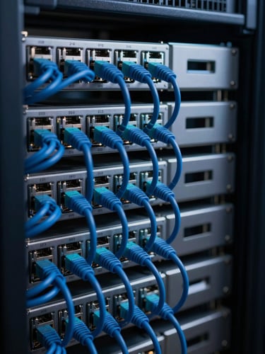 Macro close-up of a high-density server rack with clean blue and teal ethernet cabling, sharp focus, low-key dramatic technical studio lighting