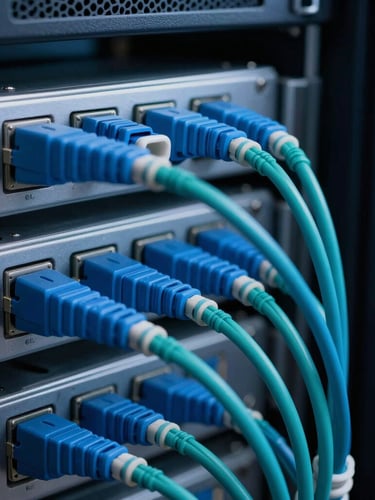 Macro detail of high-density server rack with clean, perfectly routed blue and teal fiber optic cabling, cool dark studio lighting, shallow depth of field.
