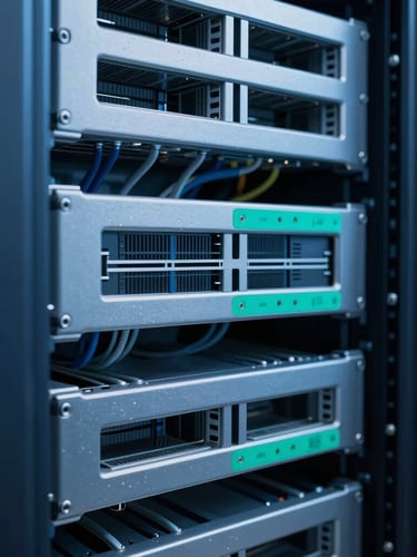 A close-up shot of clean, structured server rack cabling under cool blue studio lighting, showcasing precise technical organization.