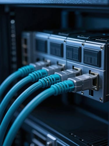 Macro details of organized server cabling under cool blue studio lighting, sharp focus, high contrast, depth of field.
