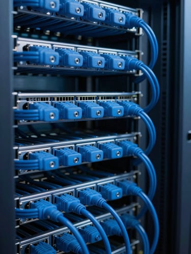 Macro detail of server racks with clean, precision blue cabling, cool dramatic technical lighting