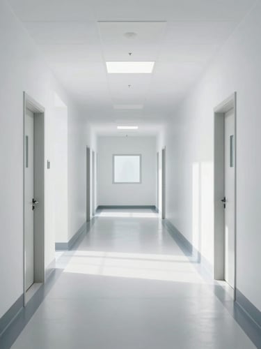 Symmetrical architectural shot of a sterile clinical facility corridor, bright high-key daylight, immaculate clean surfaces, sharp focus.