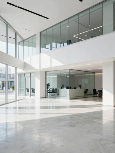 Crisp architectural photography of a pristine modern office lobby, high-key daylight reflecting off polished concrete floors, clean glass edges, sharp focus
