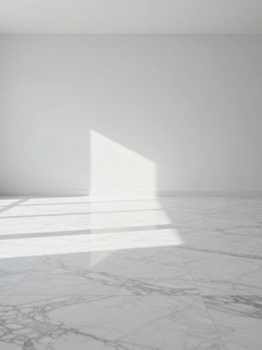 An ultra-clean minimalist modern living room with pristine marble floors reflecting bright morning light, sharp architectural lines, cool undertones, 35mm lens.