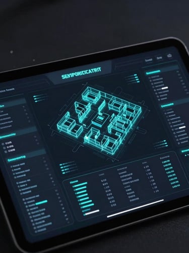 A sleek high-tech security dashboard interface on a dark tablet screen, displaying clean cyan data visualization, glowing wireframe property maps, and live threat telemetry feeds, low-key lighting