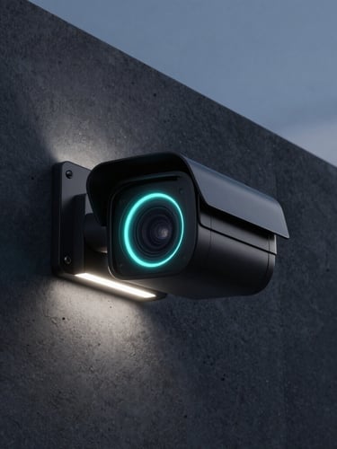 Sleek matte-black security camera with a glowing cyan lens ring mounted on a dark raw concrete wall at twilight, cool-white practical light highlighting the hardware edges, 21:9 cinematic framing
