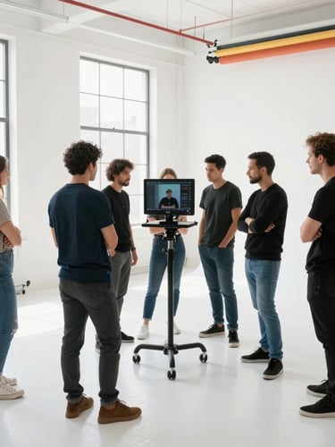 Medium-wide environmental shot of a clean, bright Brooklyn production studio, crew members collaborating around a monitor in natural window light, 35mm lens