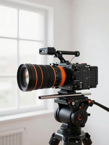 High-key editorial shot of a high-end camera rig on a clean white studio set, bright window light, energetic orange accents, 35mm lens.