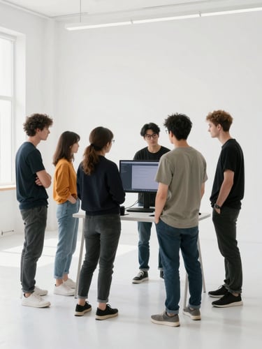 Medium-wide shot of a bright production set, a professional crew collaborating around a monitor under soft diffused white studio light, clean modern aesthetic.