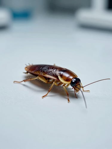 Macro clinical photograph of a German cockroach on a sterile white surface under cold laboratory lighting, sharp scientific focus.
